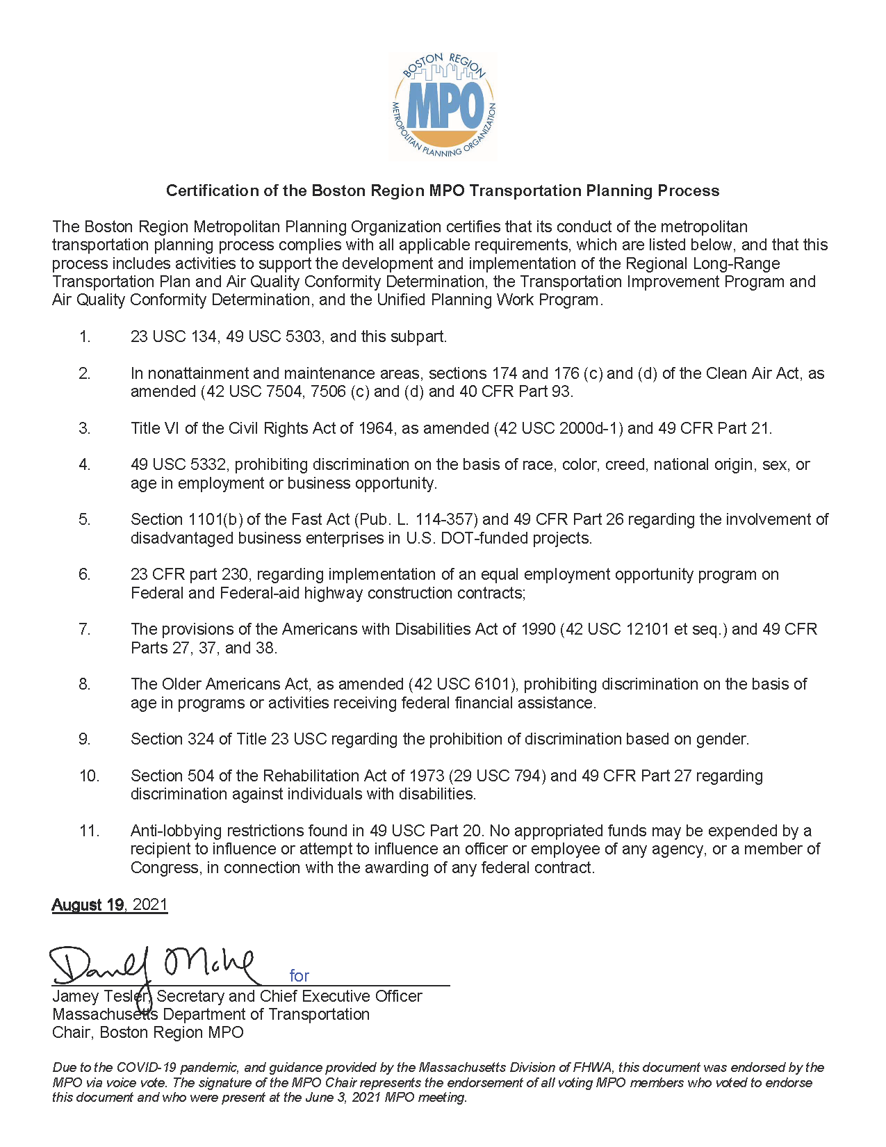 Endorsement page: Certification of the Boston Region MPO Transportation Planning Process.